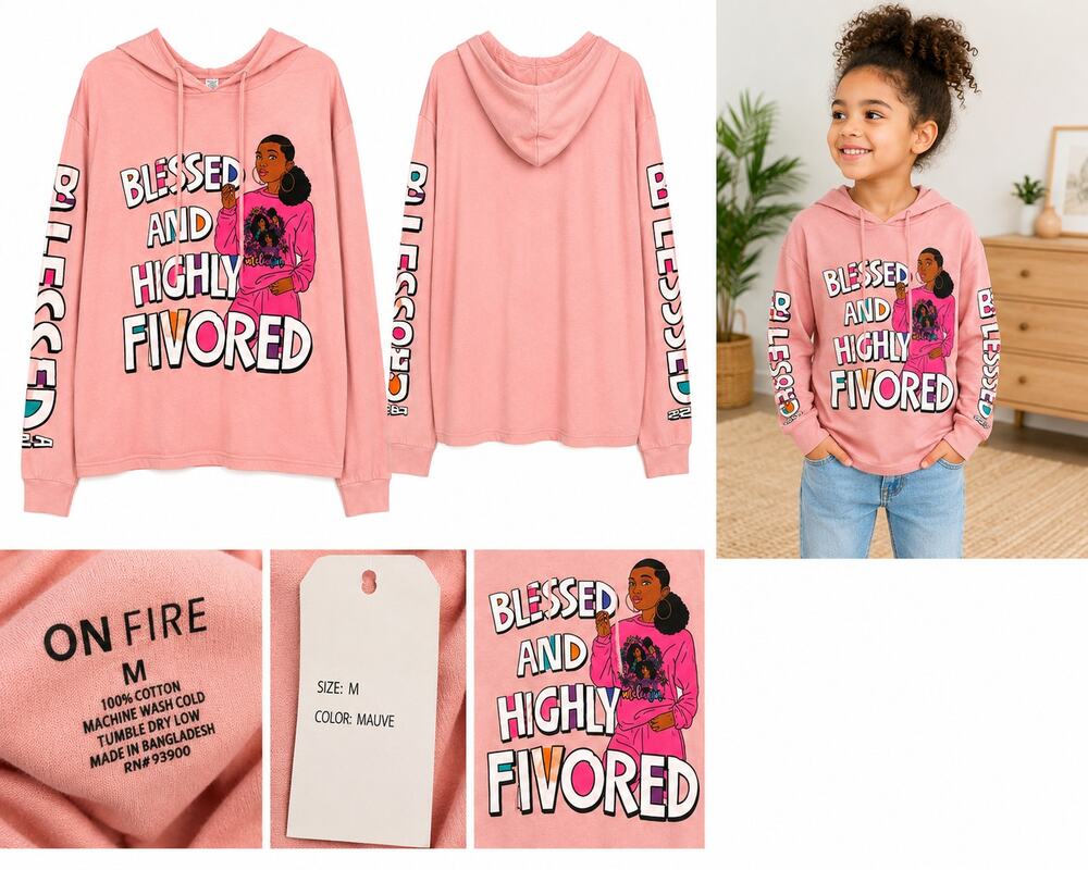 ON FIRE Kids Graphic Hoodie Shirt – Mauve Pink – Size Medium